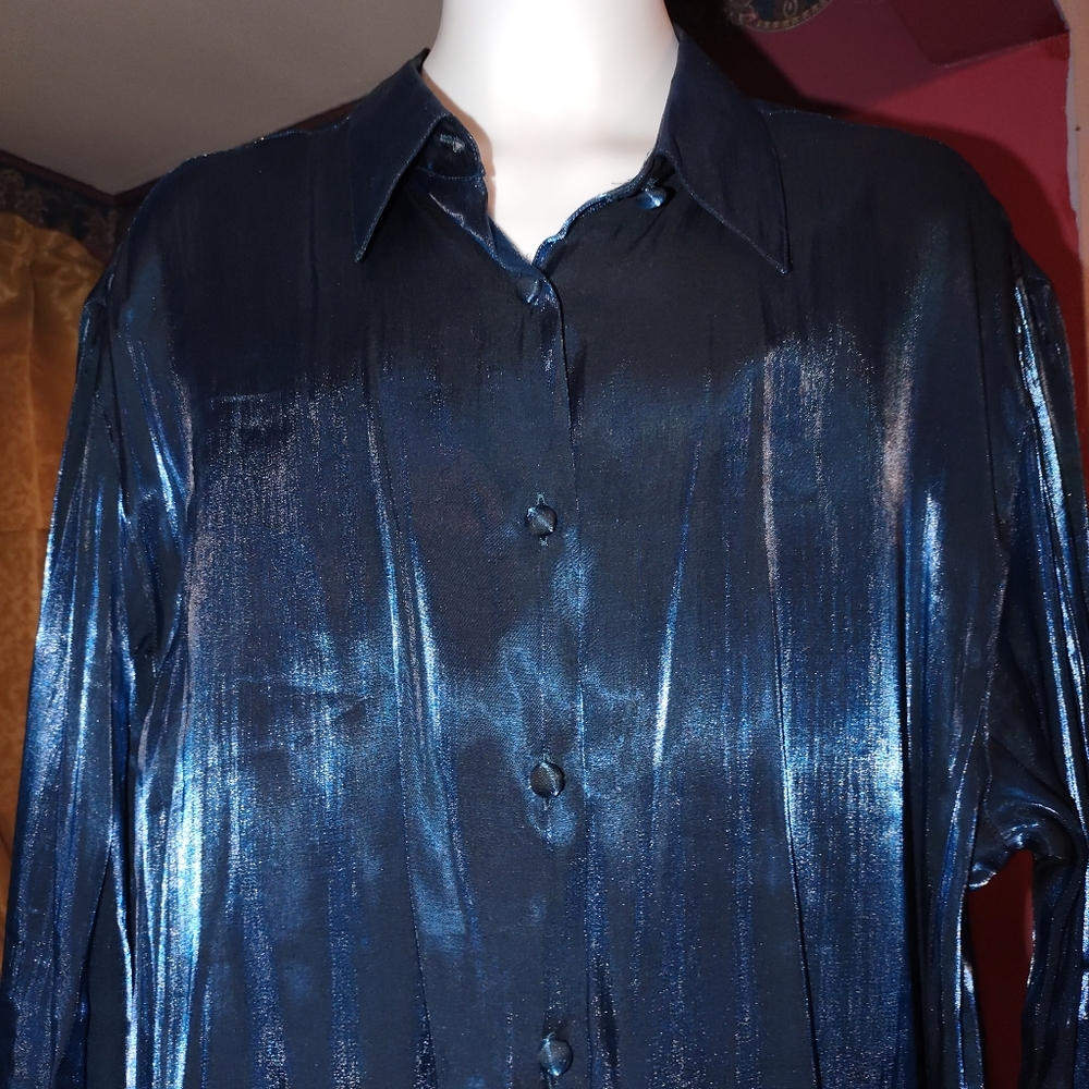 Karen Scott Vintage Iridescent Blue Blouse L - Picture 2 of 5